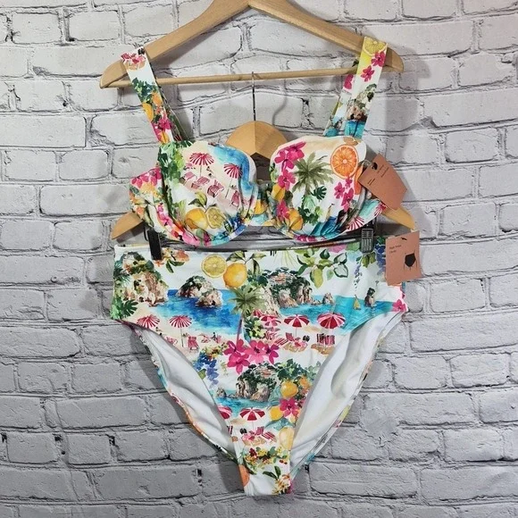 Shade And Shore Bikini Womens Sz XL 36DD Coastal Print Cheeky High-Waist New - Picture 1 of 11
